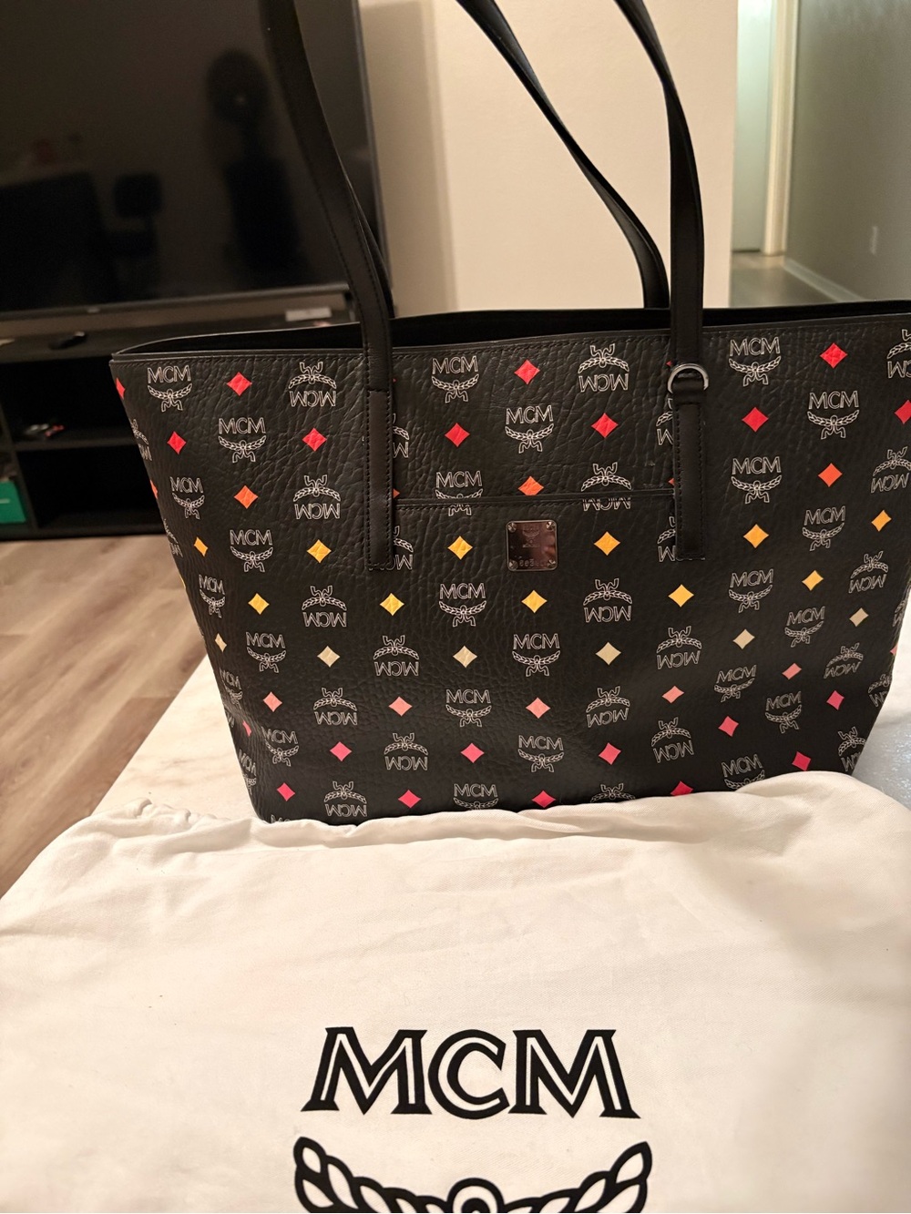MCM Black Tote with Multicolor Spectrum Diamond Visetos